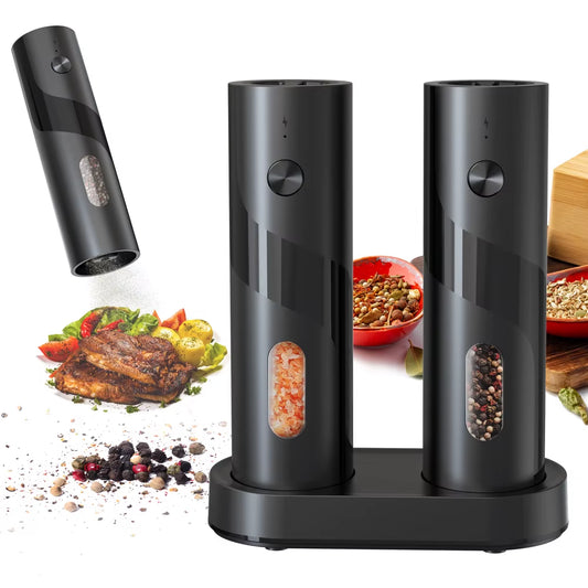 2Pcs/Set USB Rechargeable Automatic Pepper Grinder Salt and Pepper Mill Adjustable Coarseness Spice Grinder with LED for Kitchen